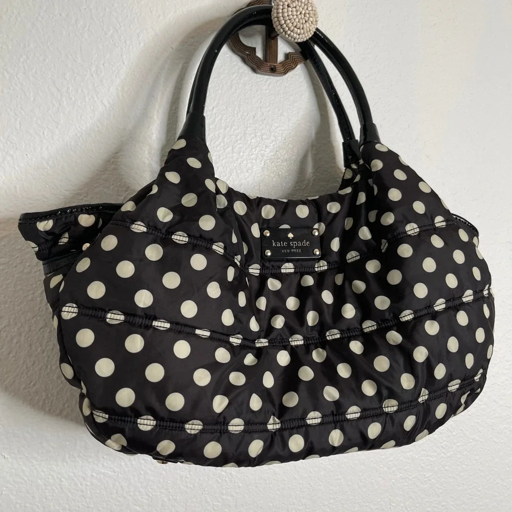 Kate Spade New York Black White Polka Dot Quilted Nylon Tote Shoulder Bag